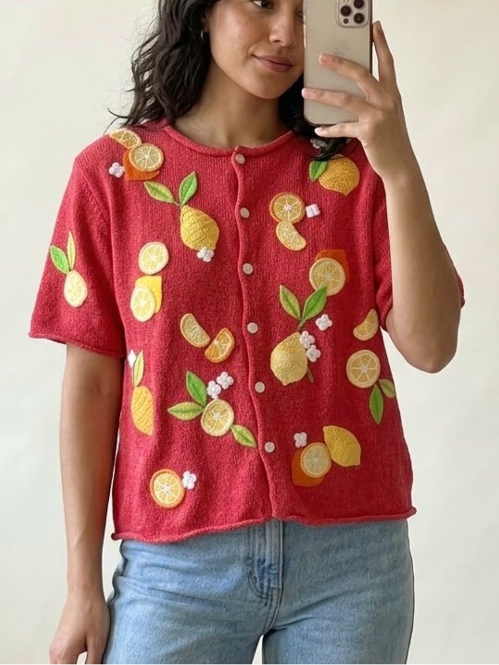 Susan Bristol Vintage Lemon Knit Cardigan Sweater Size Large XL Vtg